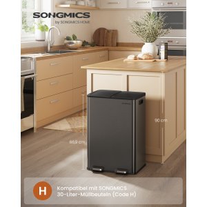 SONGMICS K&ouml;ksavfallshink, 2 x 30 l pedalhinkar med dubbla fack, mjukst&auml;ngande lock och innerhinkar, st�l, inklusive 15 p�sar, skiffergr� LTB741G01