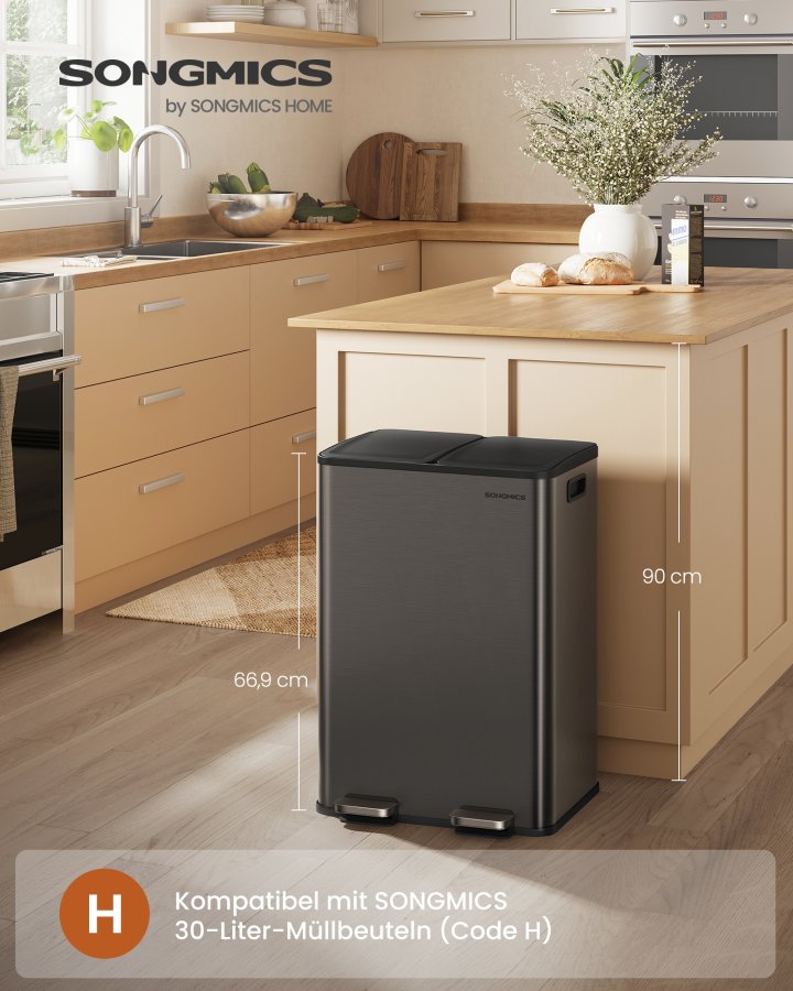 SONGMICS K&ouml;ksavfallshink, 2 x 30 l pedalhinkar med dubbla fack, mjukst&auml;ngande lock och innerhinkar, st�l, inklusive 15 p�sar, skiffergr� LTB741G01