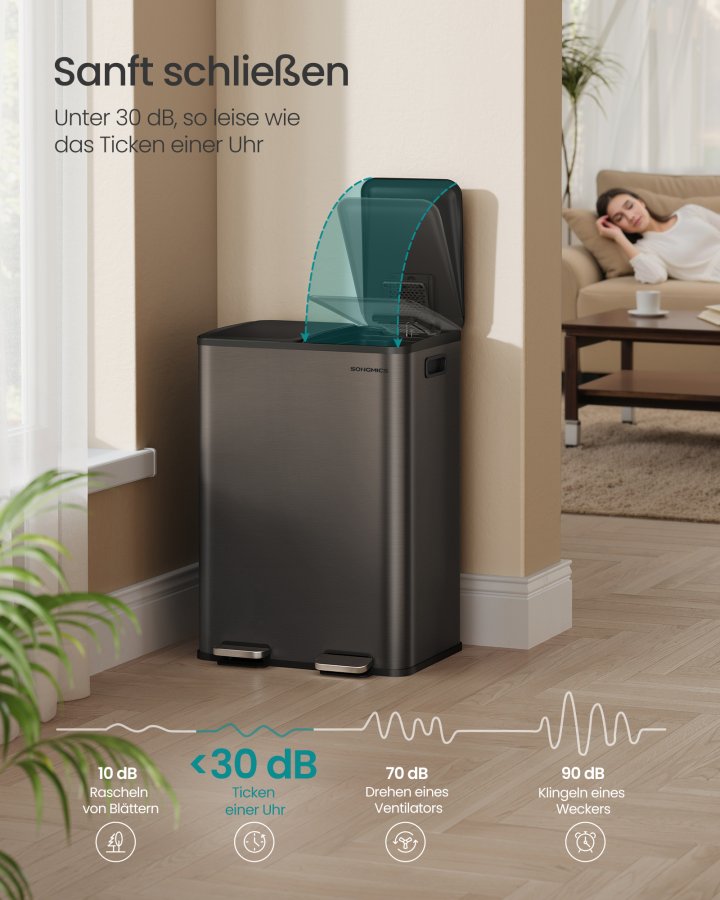 SONGMICS K&ouml;ksavfallshink, 2 x 30 l pedalhinkar med dubbla fack, mjukst&auml;ngande lock och innerhinkar, st�l, inklusive 15 p�sar, skiffergr� LTB741G01