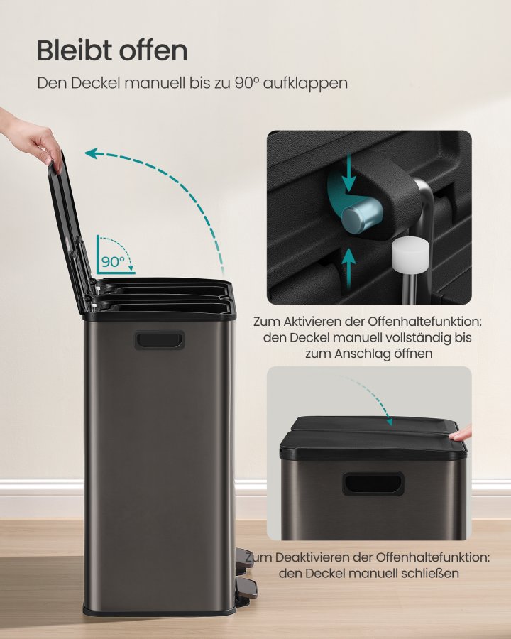 SONGMICS K&ouml;ksavfallshink, 2 x 30 l pedalhinkar med dubbla fack, mjukst&auml;ngande lock och innerhinkar, st�l, inklusive 15 p�sar, skiffergr� LTB741G01