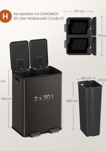 SONGMICS K&ouml;ksavfallshink, 2 x 30 l pedalhinkar med dubbla fack, mjukst&auml;ngande lock och innerhinkar, st�l, inklusive 15 p�sar, skiffergr� LTB741G01