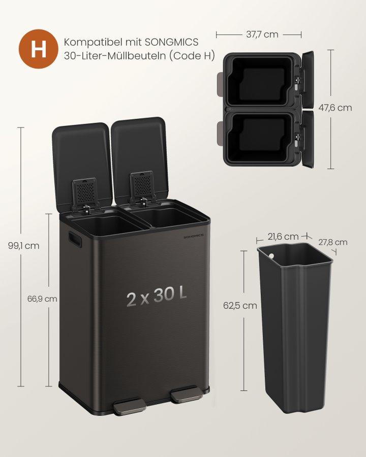 SONGMICS K&ouml;ksavfallshink, 2 x 30 l pedalhinkar med dubbla fack, mjukst&auml;ngande lock och innerhinkar, st�l, inklusive 15 p�sar, skiffergr� LTB741G01