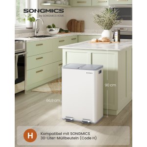 SONGMICS K&ouml;ksavfallshink, 2 x 30 l pedalhinkar med dubbla fack, mjukst&auml;ngande lock och innerhinkar, st�l, inklusive 15 p�sar, mattvit LTB741W02