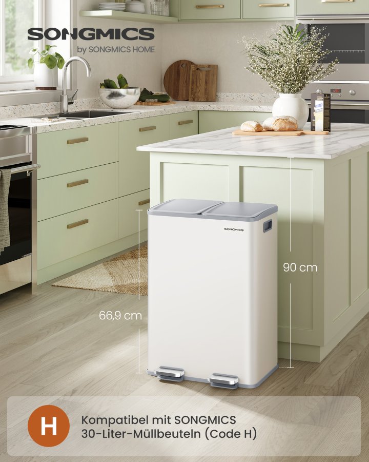 SONGMICS K&ouml;ksavfallshink, 2 x 30 l pedalhinkar med dubbla fack, mjukst&auml;ngande lock och innerhinkar, st�l, inklusive 15 p�sar, mattvit LTB741W02