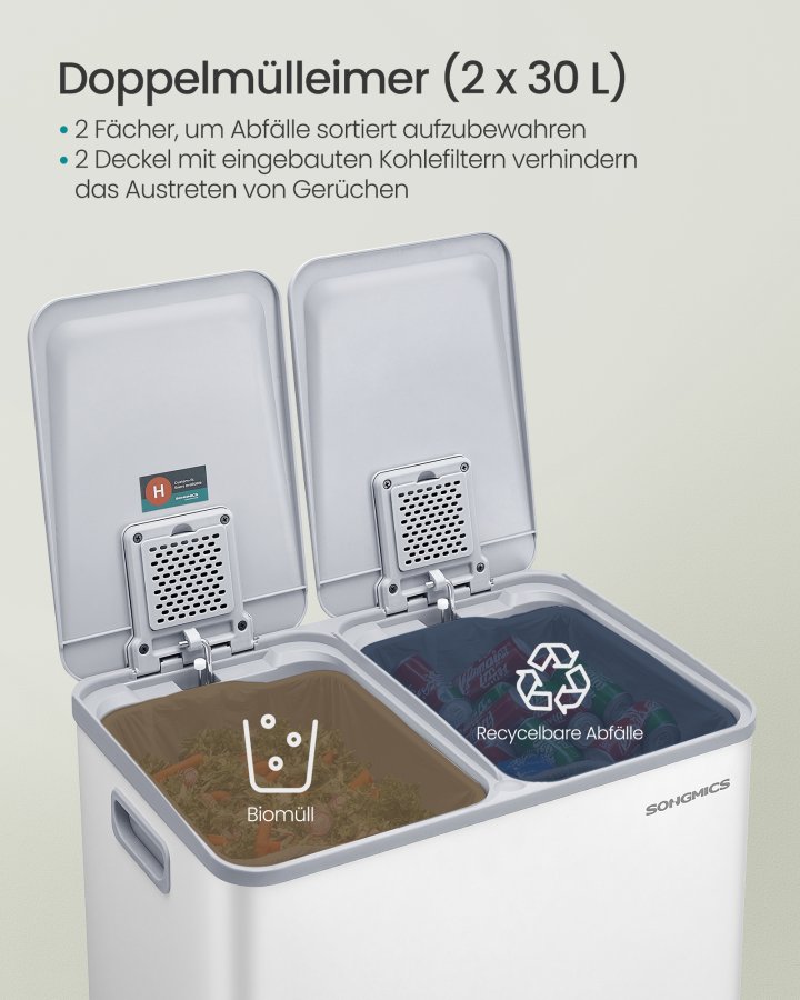 SONGMICS K&ouml;ksavfallshink, 2 x 30 l pedalhinkar med dubbla fack, mjukst&auml;ngande lock och innerhinkar, st�l, inklusive 15 p�sar, mattvit LTB741W02