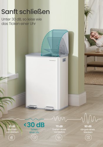 SONGMICS K&ouml;ksavfallshink, 2 x 30 l pedalhinkar med dubbla fack, mjukst&auml;ngande lock och innerhinkar, st�l, inklusive 15 p�sar, mattvit LTB741W02