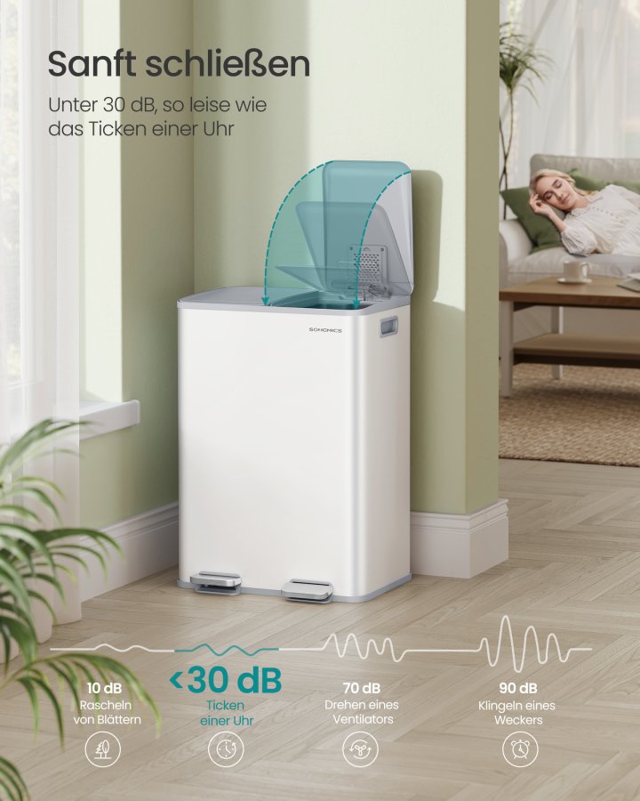 SONGMICS K&ouml;ksavfallshink, 2 x 30 l pedalhinkar med dubbla fack, mjukst&auml;ngande lock och innerhinkar, st�l, inklusive 15 p�sar, mattvit LTB741W02