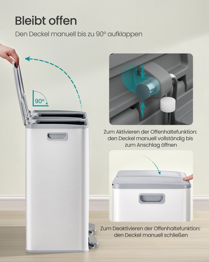 SONGMICS K&ouml;ksavfallshink, 2 x 30 l pedalhinkar med dubbla fack, mjukst&auml;ngande lock och innerhinkar, st�l, inklusive 15 p�sar, mattvit LTB741W02