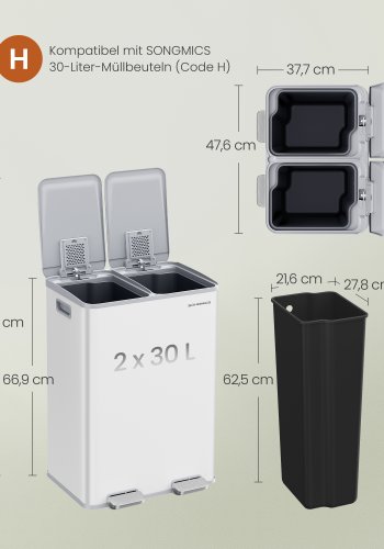 SONGMICS K&ouml;ksavfallshink, 2 x 30 l pedalhinkar med dubbla fack, mjukst&auml;ngande lock och innerhinkar, st�l, inklusive 15 p�sar, mattvit LTB741W02
