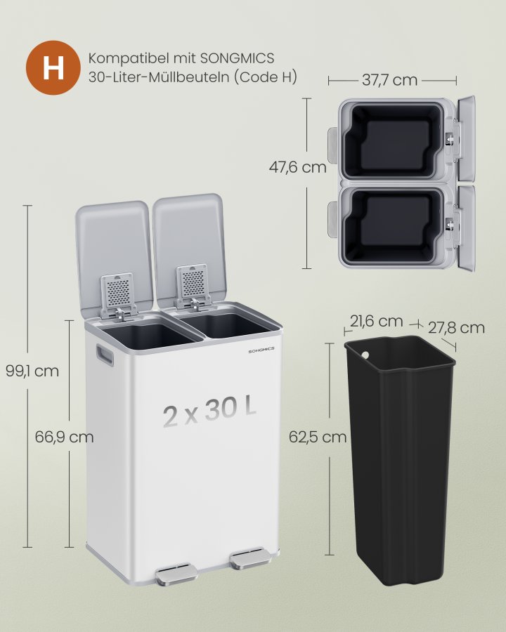 SONGMICS K&ouml;ksavfallshink, 2 x 30 l pedalhinkar med dubbla fack, mjukst&auml;ngande lock och innerhinkar, st�l, inklusive 15 p�sar, mattvit LTB741W02