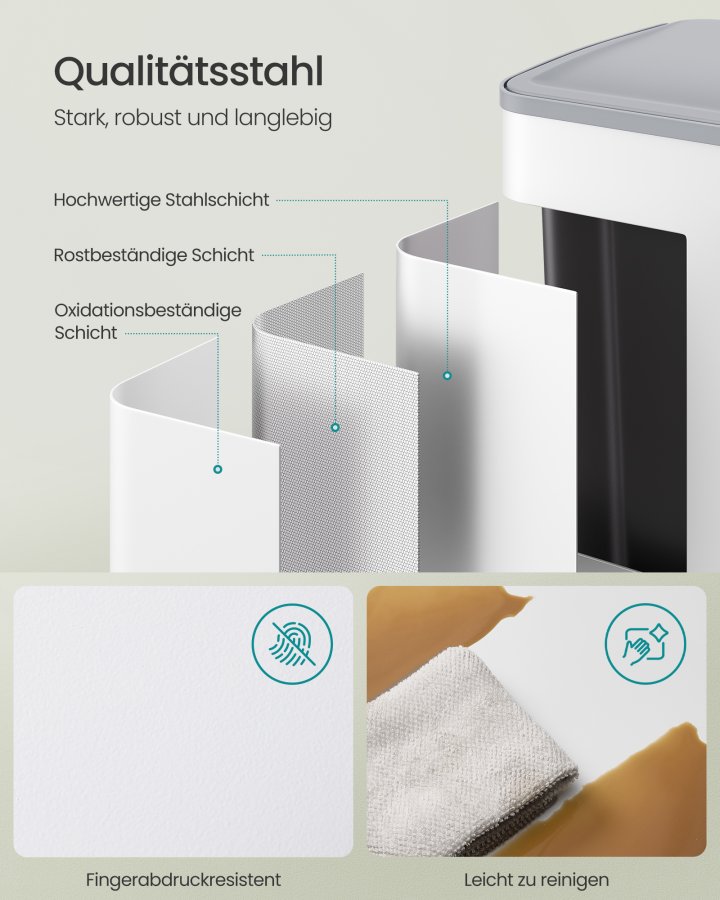 SONGMICS K&ouml;ksavfallshink, 2 x 30 l pedalhinkar med dubbla fack, mjukst&auml;ngande lock och innerhinkar, st�l, inklusive 15 p�sar, mattvit LTB741W02