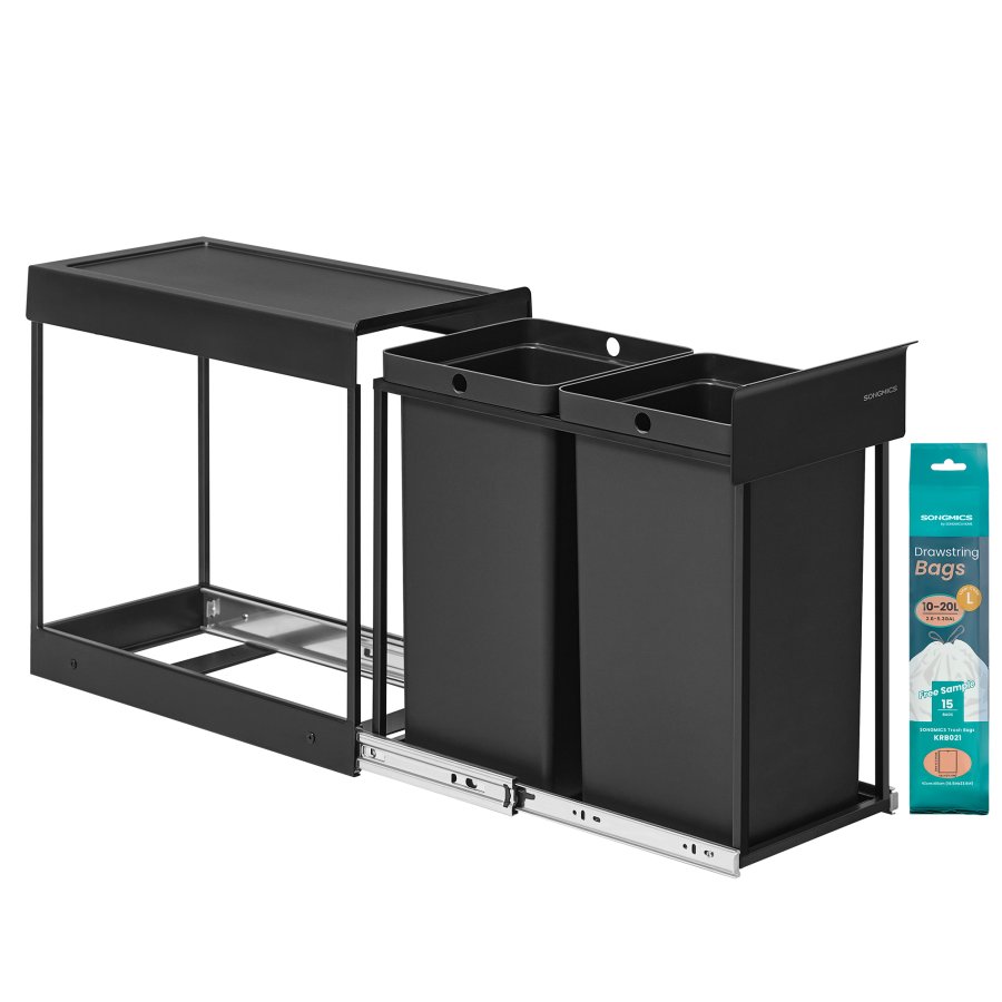 SONGMICS K&ouml;ksavfalls- och �tervinningsbeh�llare, Inbyggd papperskorg f&ouml;r sk�p, 2 x 15 liters dubbla fack, Smidig utdragbar design, St�lram, ABS-lock, Bl&auml;cksvart LTB950B01