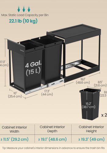 SONGMICS K&ouml;ksavfalls- och �tervinningsbeh�llare, Inbyggd papperskorg f&ouml;r sk�p, 2 x 15 liters dubbla fack, Smidig utdragbar design, St�lram, ABS-lock, Bl&auml;cksvart LTB950B01