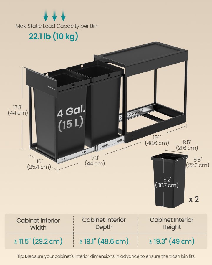 SONGMICS K&ouml;ksavfalls- och �tervinningsbeh�llare, Inbyggd papperskorg f&ouml;r sk�p, 2 x 15 liters dubbla fack, Smidig utdragbar design, St�lram, ABS-lock, Bl&auml;cksvart LTB950B01