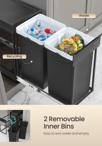SONGMICS K&ouml;ksavfalls- och �tervinningsbeh�llare, Inbyggd papperskorg f&ouml;r sk�p, 2 x 15 liters dubbla fack, Smidig utdragbar design, St�lram, ABS-lock, Bl&auml;cksvart LTB950B01