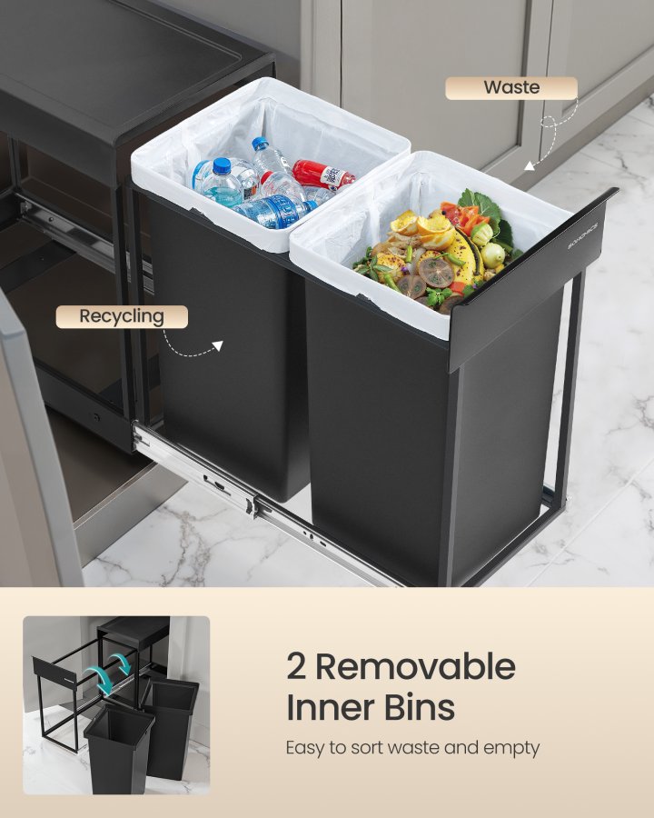 SONGMICS K&ouml;ksavfalls- och �tervinningsbeh�llare, Inbyggd papperskorg f&ouml;r sk�p, 2 x 15 liters dubbla fack, Smidig utdragbar design, St�lram, ABS-lock, Bl&auml;cksvart LTB950B01