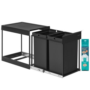SONGMICS K&ouml;ksavfalls- och �tervinningsbeh�llare, Inbyggd papperskorg i sk�p, 2 x 20 liters dubbla fack, Smidig utdragbar design, St�lram, ABS-lock, Bl&auml;cksvart LTB951B01