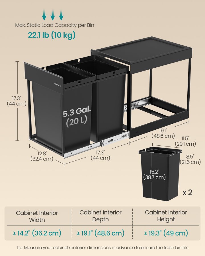 SONGMICS K&ouml;ksavfalls- och �tervinningsbeh�llare, Inbyggd papperskorg i sk�p, 2 x 20 liters dubbla fack, Smidig utdragbar design, St�lram, ABS-lock, Bl&auml;cksvart LTB951B01