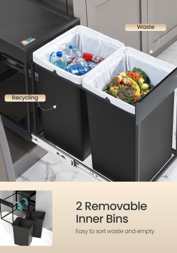 SONGMICS K&ouml;ksavfalls- och �tervinningsbeh�llare, Inbyggd papperskorg i sk�p, 2 x 20 liters dubbla fack, Smidig utdragbar design, St�lram, ABS-lock, Bl&auml;cksvart LTB951B01