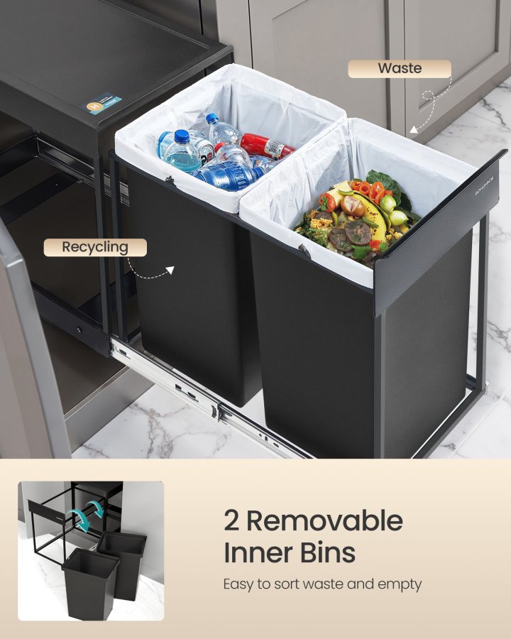 SONGMICS K&ouml;ksavfalls- och �tervinningsbeh�llare, Inbyggd papperskorg i sk�p, 2 x 20 liters dubbla fack, Smidig utdragbar design, St�lram, ABS-lock, Bl&auml;cksvart LTB951B01