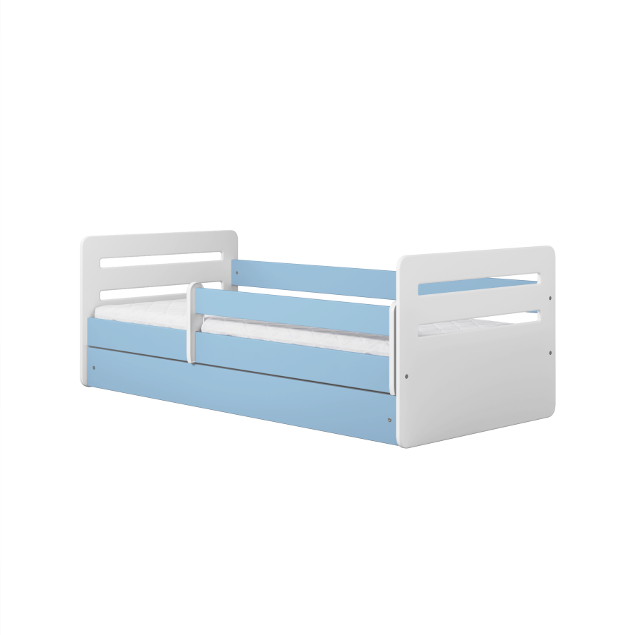 Tomi juniorseng, med madrass, sengehest, skuff - hvit og bl sponplate og MDF (140x80)