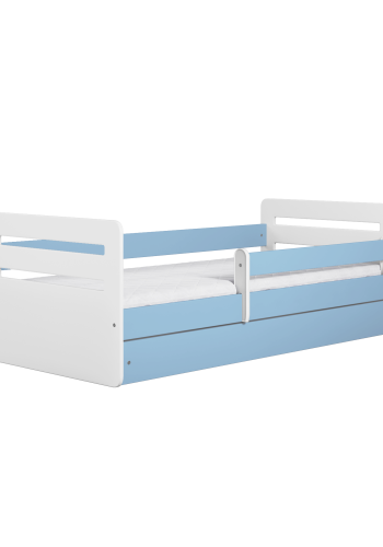 Tomi juniorseng, med madrass, sengehest, skuff - hvit og bl sponplate og MDF (140x80)