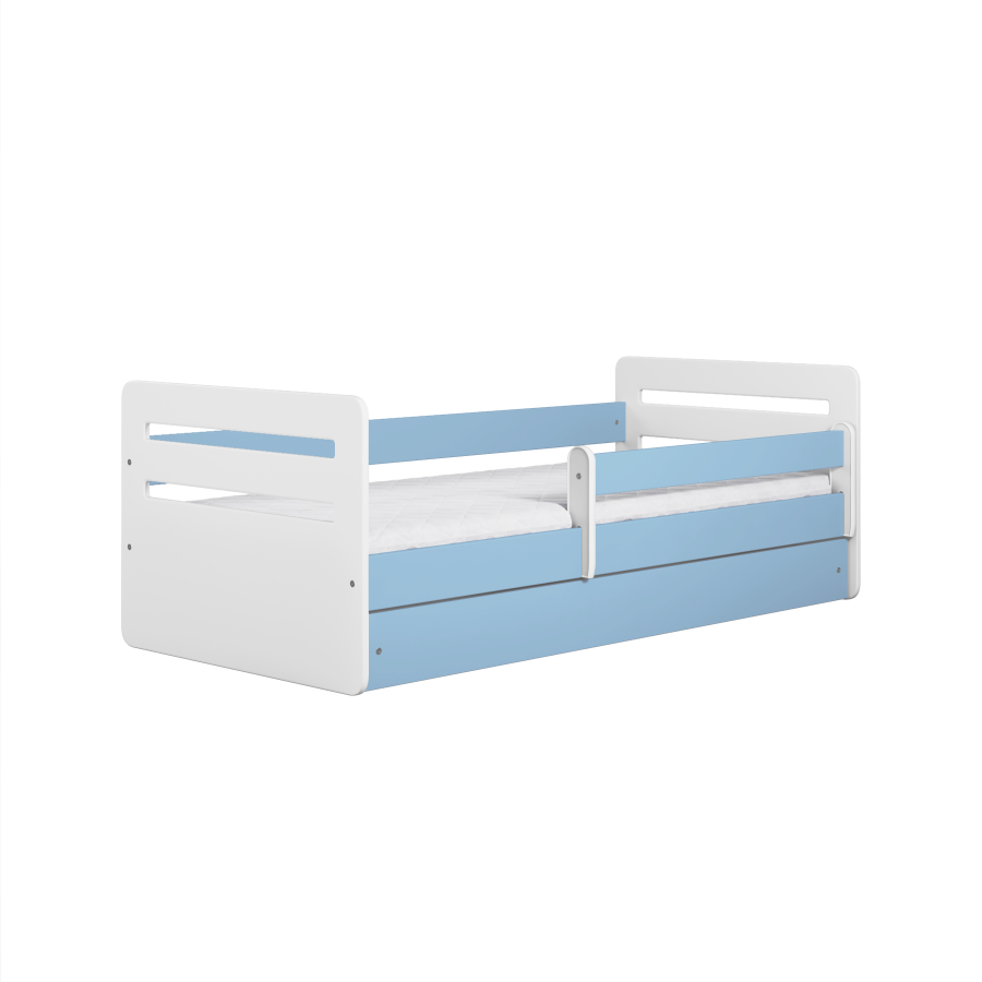 Tomi juniorseng, med madrass, sengehest, skuff - hvit og bl sponplate og MDF (140x80)