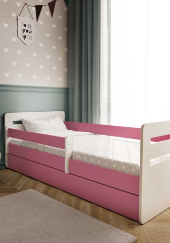 Tomi juniorseng, med madrass, sengehest, skuff - hvit og rosa sponplate og MDF (160x80)