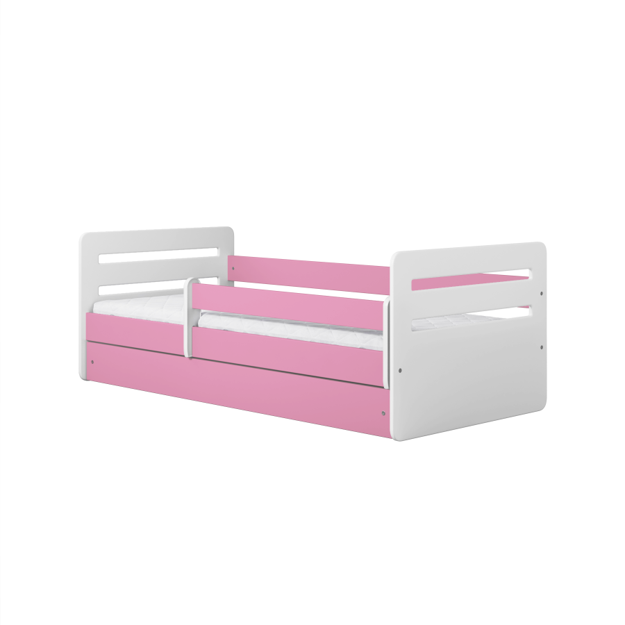 Tomi juniorseng, med madrass, sengehest, skuff - hvit og rosa sponplate og MDF (140x80)