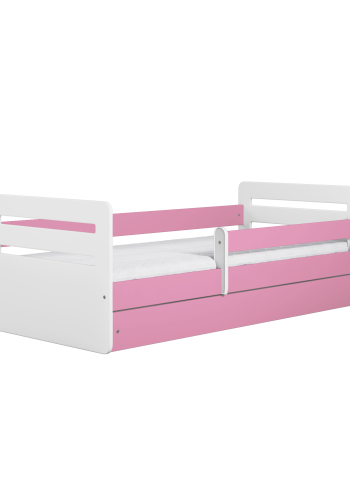 Tomi juniorseng, med madrass, sengehest, skuff - hvit og rosa sponplate og MDF (160x80)