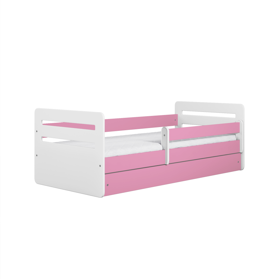 Tomi juniorseng, med madrass, sengehest, skuff - hvit og rosa sponplate og MDF (140x80)