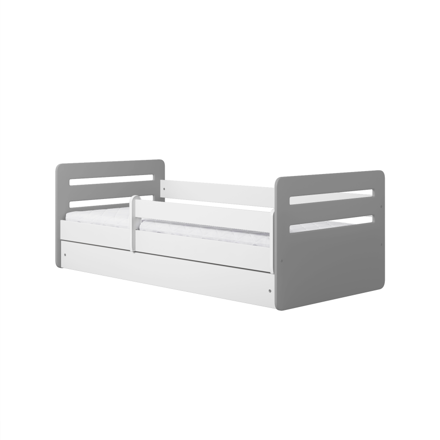 Tomi Juniorbett, mit Matratze, Bettgitter, Schublade - weiße und graue Spanplatte und MDF (160x80)