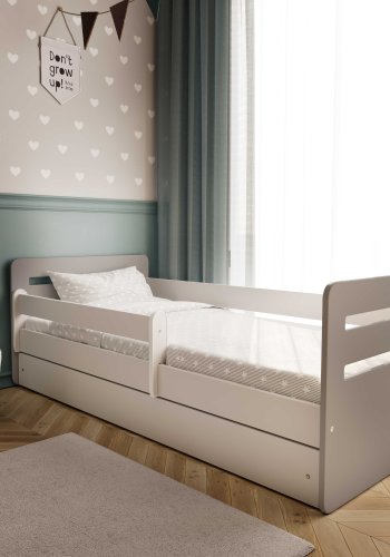 Tomi juniorseng, med madrass, sengehest, skuff - hvit og gr sponplater og MDF (180x80)