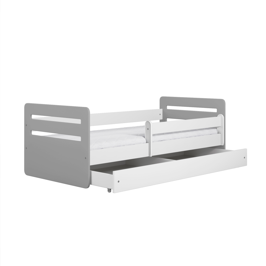 Tomi juniorseng, med madrass, sengehest, skuff - hvit og gr sponplater og MDF (140x80)