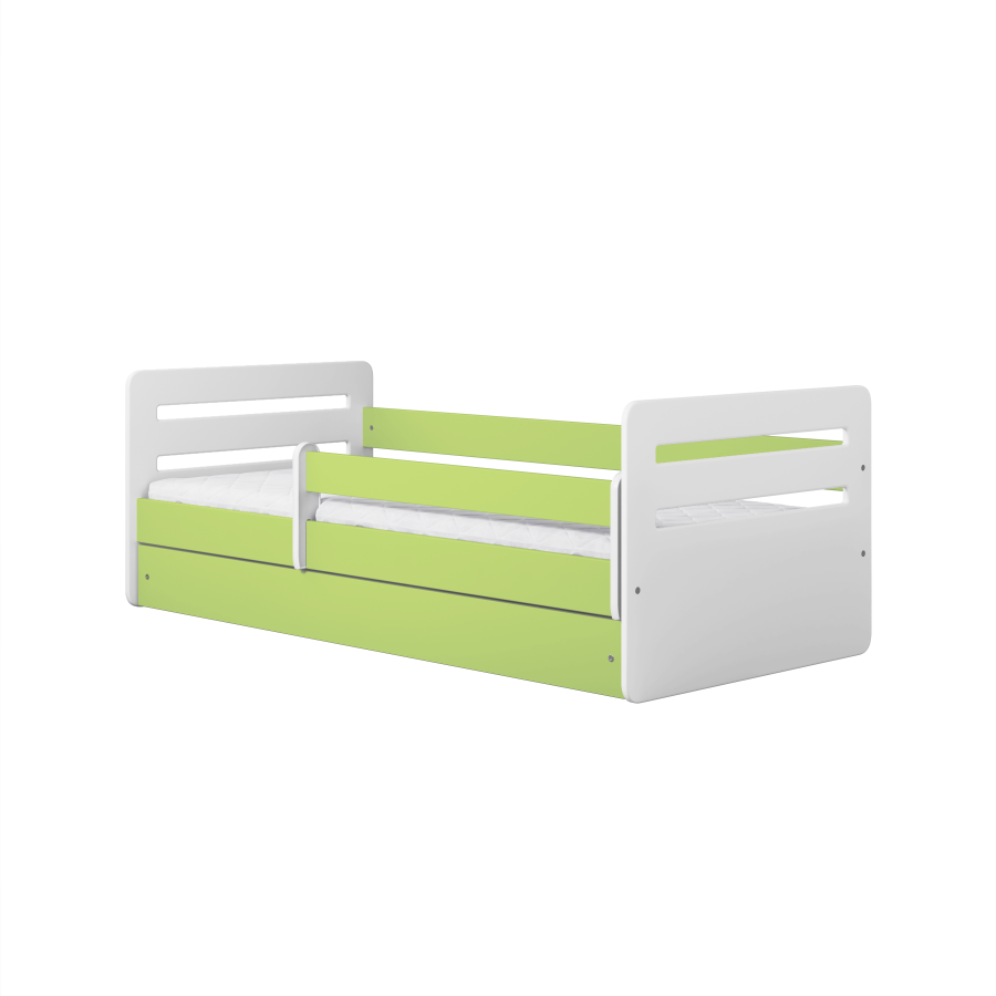 Tomi juniorseng, med madrass, sengehest, skuff - hvit og grnn sponplate og MDF (160x80)