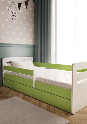 Tomi juniorseng, med madrass, sengehest, skuff - hvit og grnn sponplate og MDF (180x80)