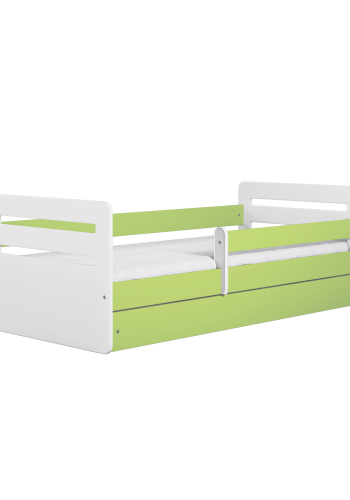 Tomi juniorseng, med madrass, sengehest, skuff - hvit og grnn sponplate og MDF (140x80)