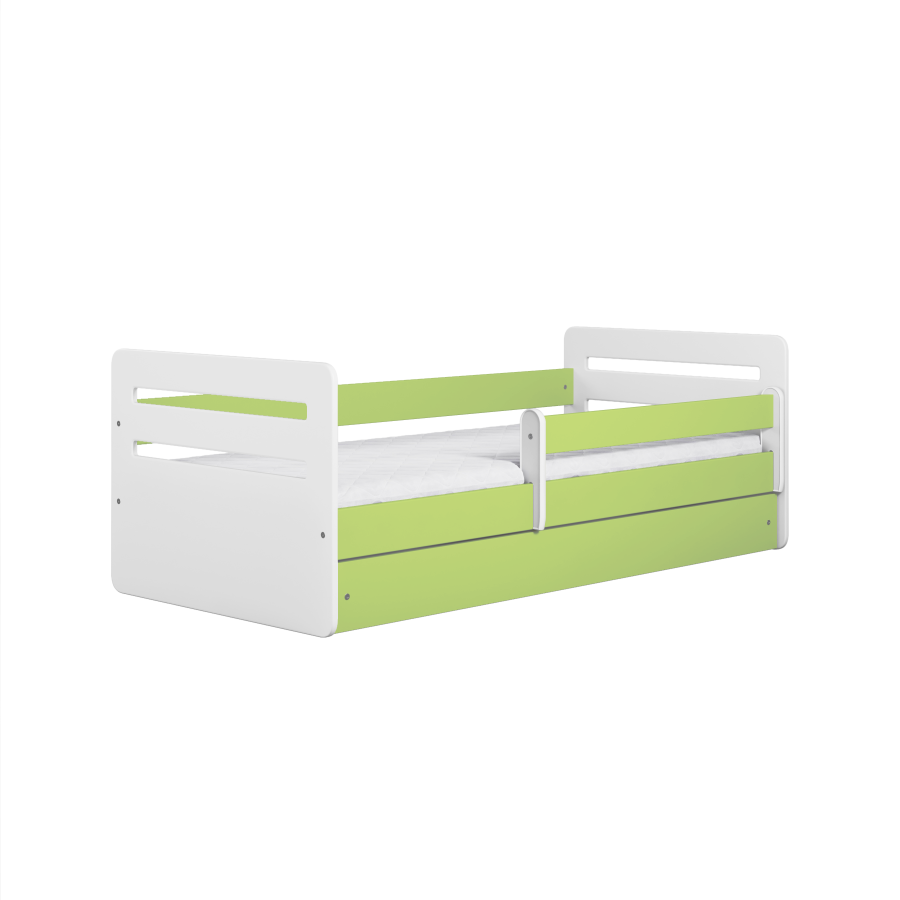Tomi juniorseng, med madrass, sengehest, skuff - hvit og grnn sponplate og MDF (140x80)