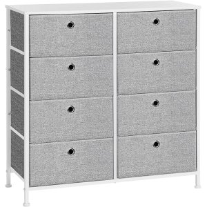 SONGMICS Kommode, Opbevaringsm�bel med 8 Letudtr�kkelige Stoffskuffer, Kommode, Organisationsm�bel med Metalramme, Bordplade, Til Skab, B�rnev�relse, Lysegr� og Hvid LTS24W