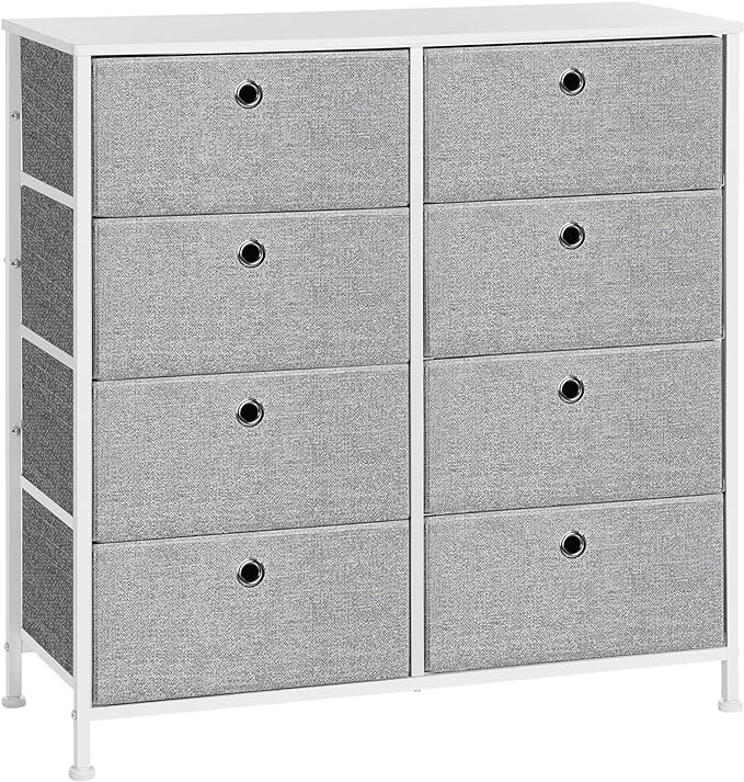 SONGMICS Kommode, Opbevaringsm�bel med 8 Letudtr�kkelige Stoffskuffer, Kommode, Organisationsm�bel med Metalramme, Bordplade, Til Skab, B�rnev�relse, Lysegr� og Hvid LTS24W