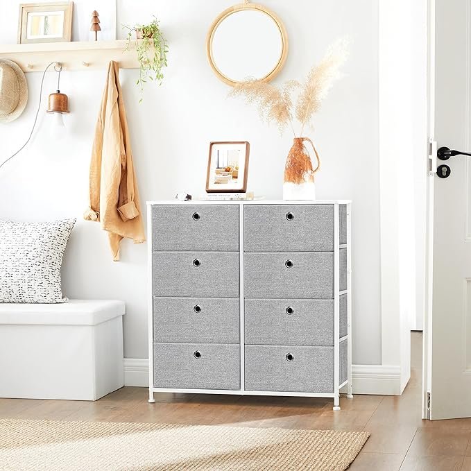 SONGMICS Kommode, Opbevaringsm�bel med 8 Letudtr�kkelige Stoffskuffer, Kommode, Organisationsm�bel med Metalramme, Bordplade, Til Skab, B�rnev�relse, Lysegr� og Hvid LTS24W
