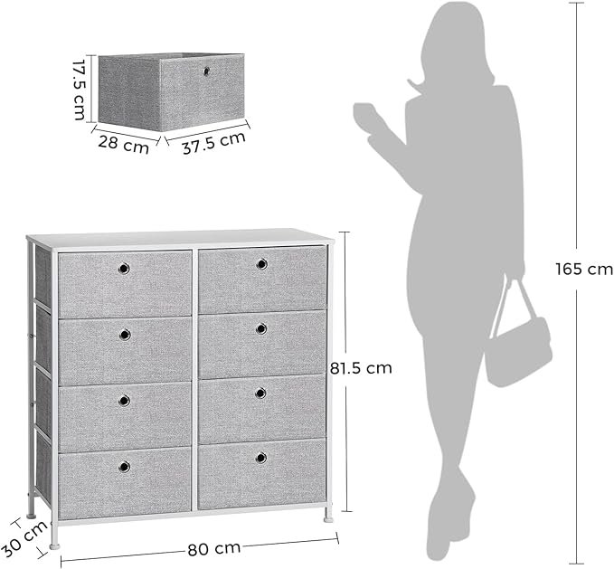 SONGMICS Kommode, Opbevaringsm�bel med 8 Letudtr�kkelige Stoffskuffer, Kommode, Organisationsm�bel med Metalramme, Bordplade, Til Skab, B�rnev�relse, Lysegr� og Hvid LTS24W