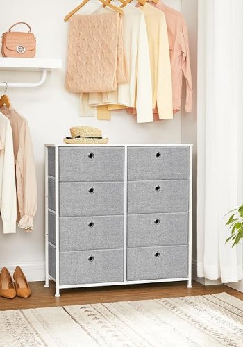 SONGMICS Kommode, Opbevaringsm�bel med 8 Letudtr�kkelige Stoffskuffer, Kommode, Organisationsm�bel med Metalramme, Bordplade, Til Skab, B�rnev�relse, Lysegr� og Hvid LTS24W