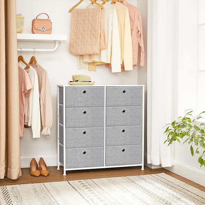 SONGMICS Kommode, Opbevaringsm�bel med 8 Letudtr�kkelige Stoffskuffer, Kommode, Organisationsm�bel med Metalramme, Bordplade, Til Skab, B�rnev�relse, Lysegr� og Hvid LTS24W