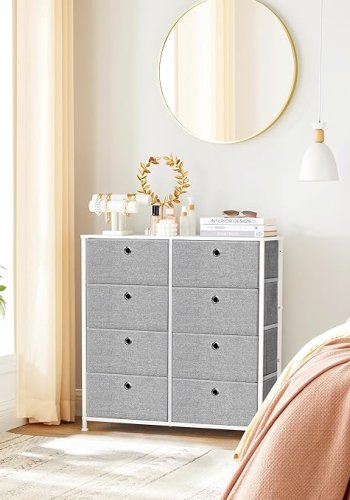 SONGMICS Kommode, Opbevaringsm�bel med 8 Letudtr�kkelige Stoffskuffer, Kommode, Organisationsm�bel med Metalramme, Bordplade, Til Skab, B�rnev�relse, Lysegr� og Hvid LTS24W