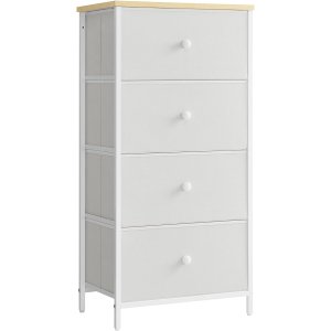 SONGMICS Kommode Sovev�relse, Opbevaringsm�bel, Kommode med 4 stofskuffer, Metalramme, H�j og Slank, Til Skab, Hvid og Eg LTS314W57