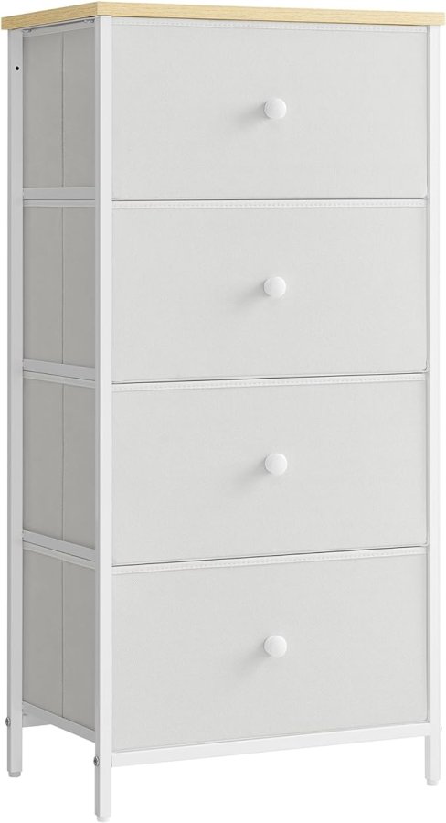 SONGMICS Kommode Sovev�relse, Opbevaringsm�bel, Kommode med 4 stofskuffer, Metalramme, H�j og Slank, Til Skab, Hvid og Eg LTS314W57