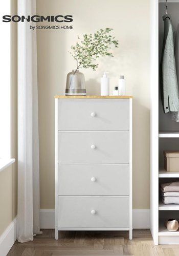SONGMICS LTS314W57 smal kommode, m. 4 hvide stofskuffer - egefarvet sp�nplade og hvid st�l