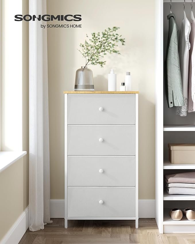 SONGMICS Kommode Sovev�relse, Opbevaringsm�bel, Kommode med 4 stofskuffer, Metalramme, H�j og Slank, Til Skab, Hvid og Eg LTS314W57