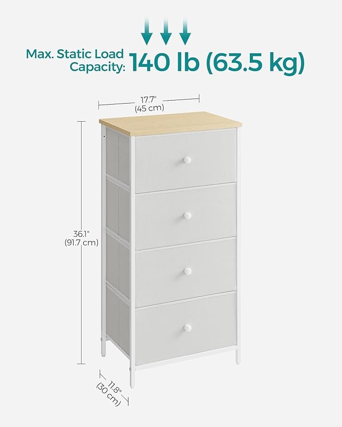 SONGMICS Kommode Sovev�relse, Opbevaringsm�bel, Kommode med 4 stofskuffer, Metalramme, H�j og Slank, Til Skab, Hvid og Eg LTS314W57
